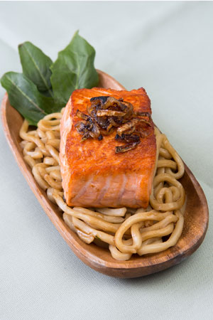 Atlantic Salmon Pan Sauteed with Crispy Shallots over Udon