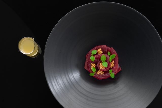 Bigeye Tuna with Mustard Seeds, Shiso and Tomato Water